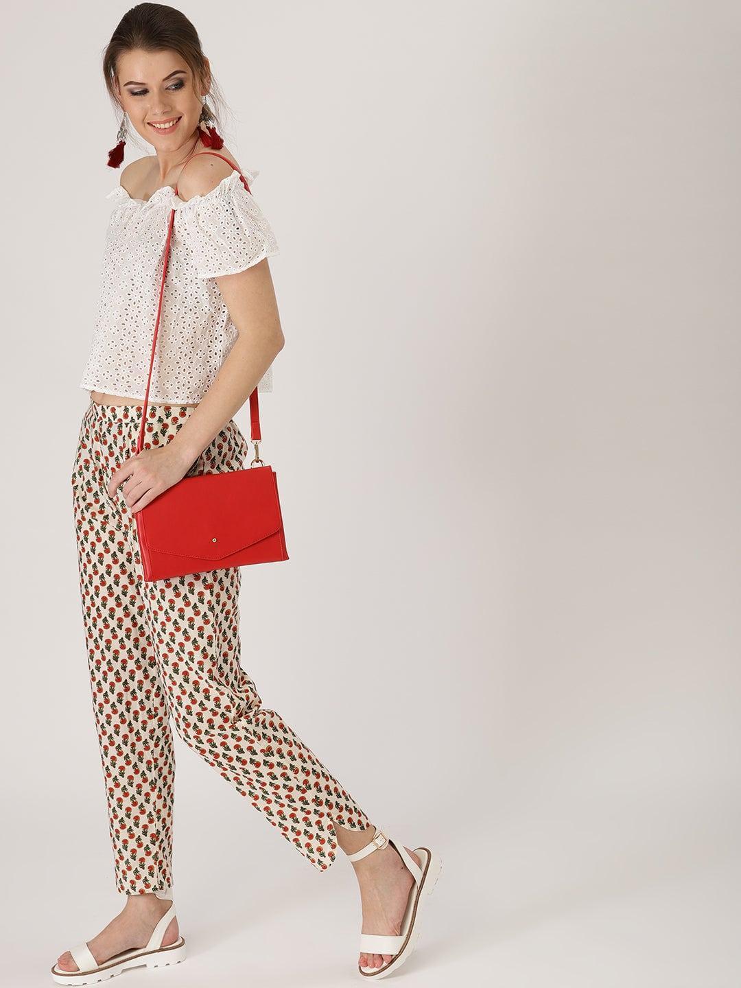 White Printed Cotton Trousers - ShopLibas