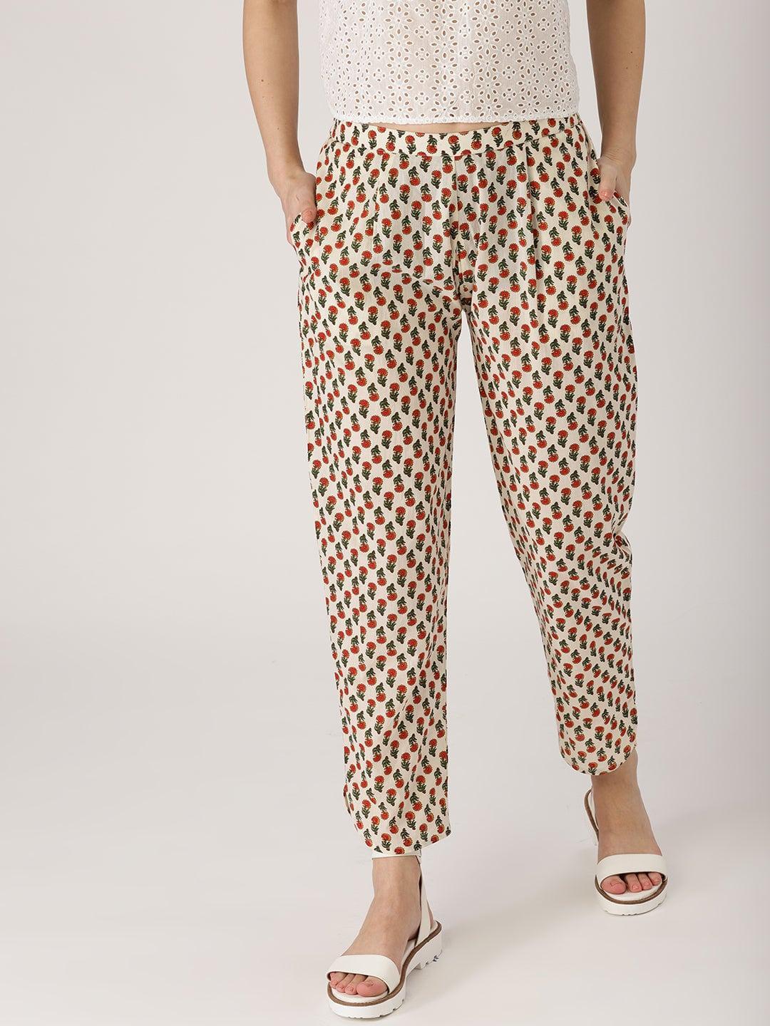 White Printed Cotton Trousers - ShopLibas