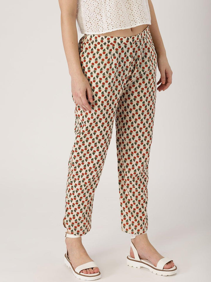 White Printed Cotton Trousers - ShopLibas