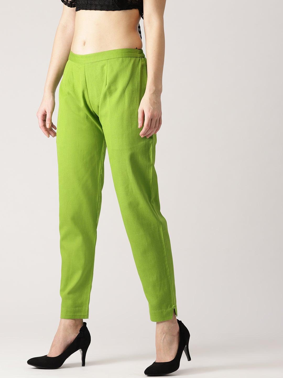 Green Solid Cotton Trousers - ShopLibas