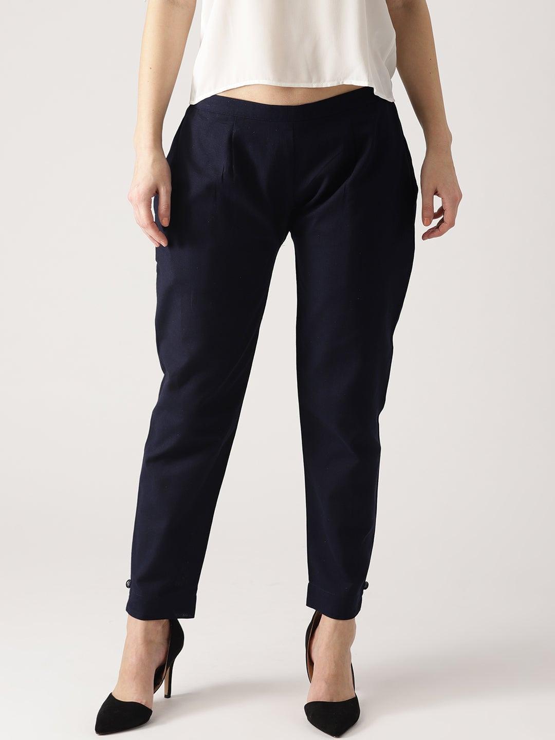 Blue Solid Cotton Trousers - ShopLibas