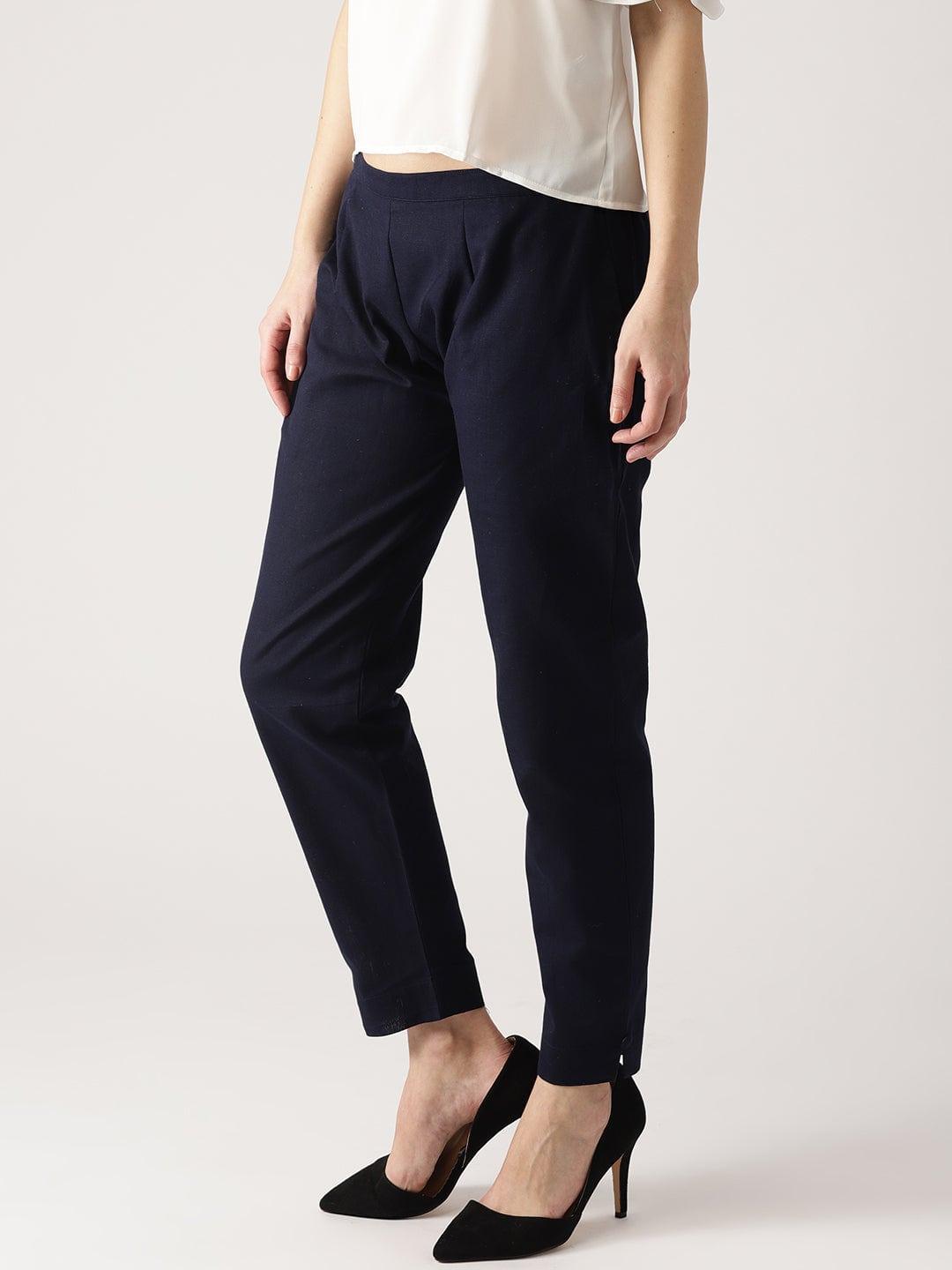 Blue Solid Cotton Trousers - ShopLibas