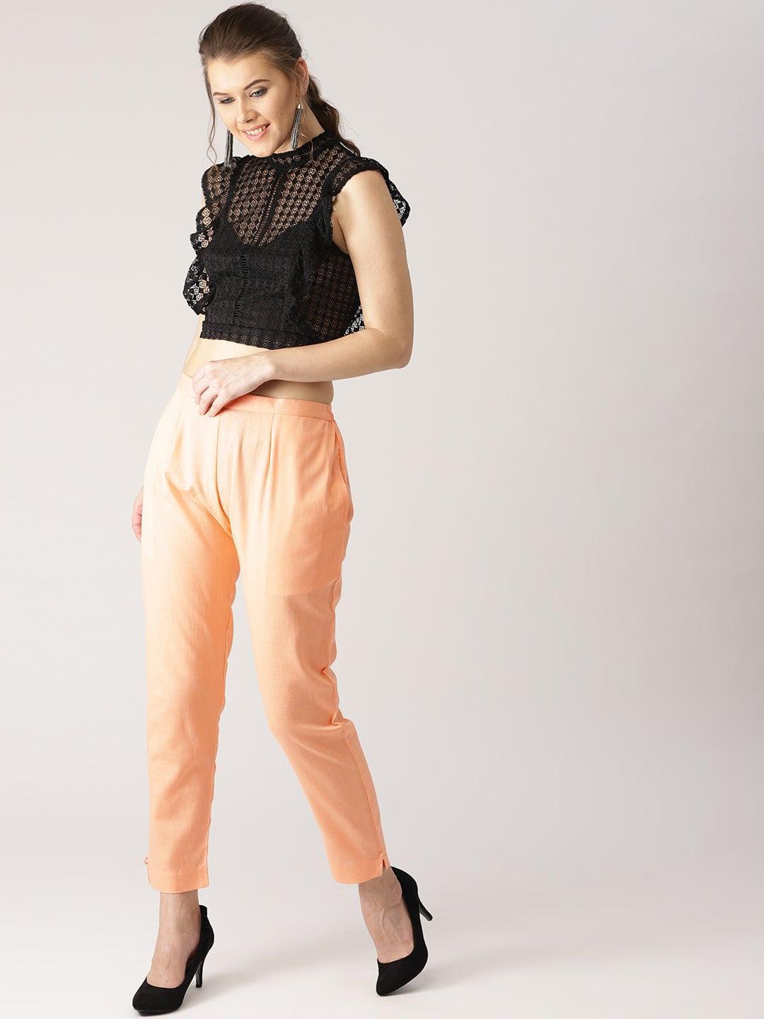 Orange Solid Cotton Trousers