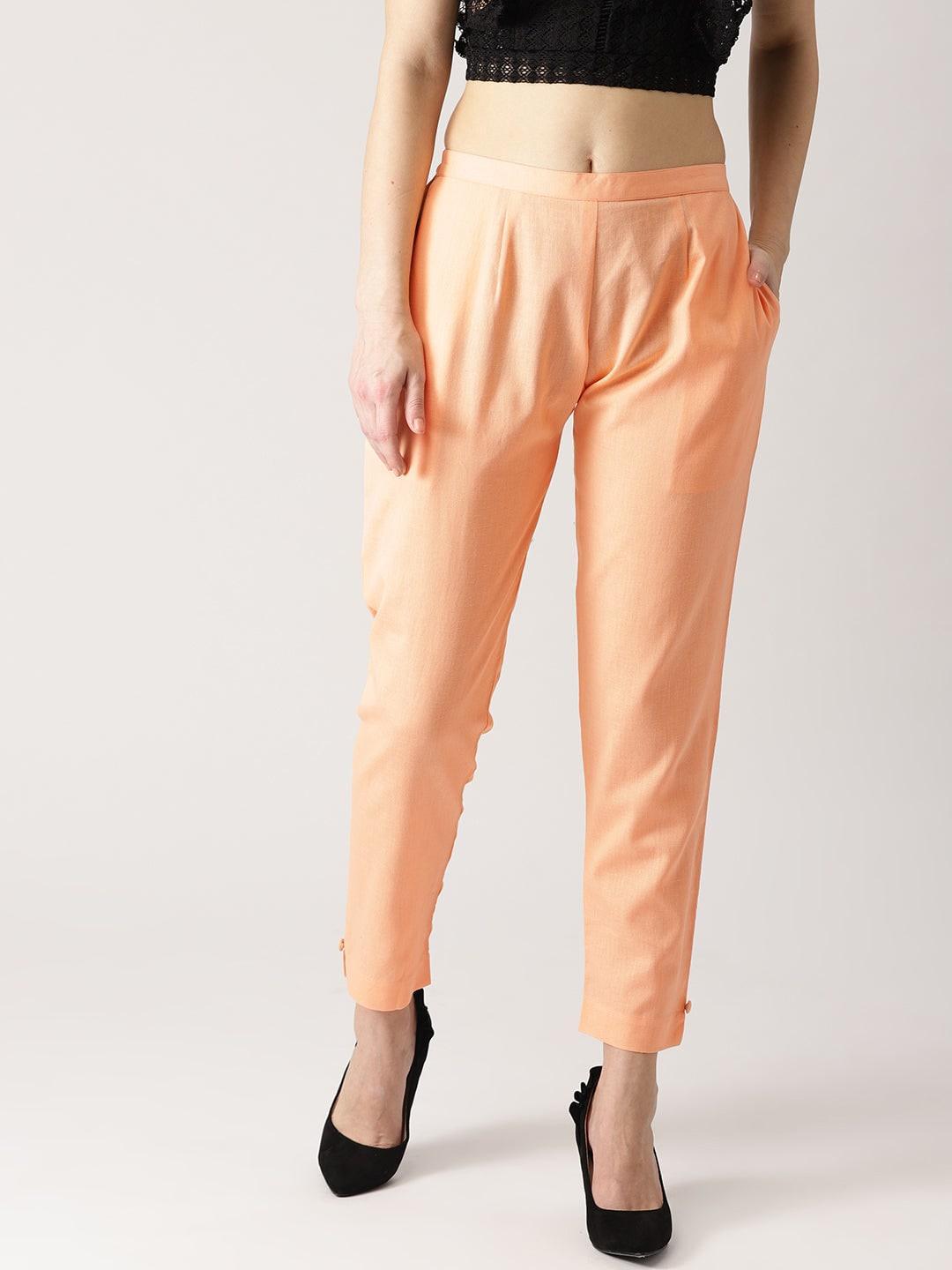 Orange Solid Cotton Trousers