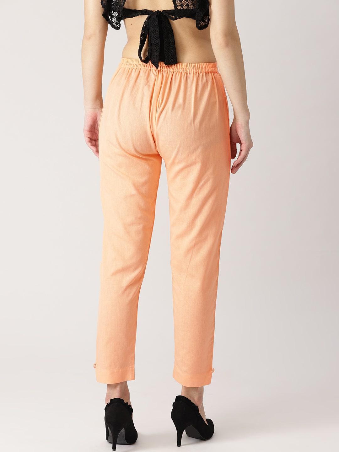 Orange Solid Cotton Trousers