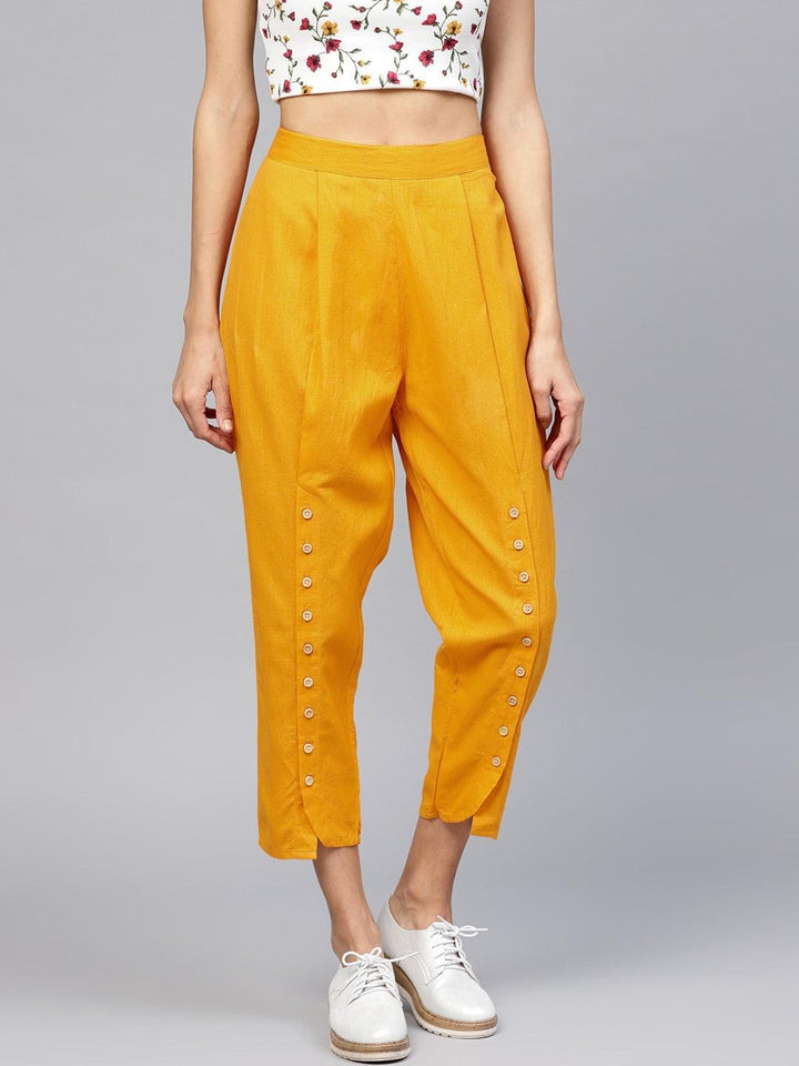 Yellow Solid Cotton Trousers - ShopLibas