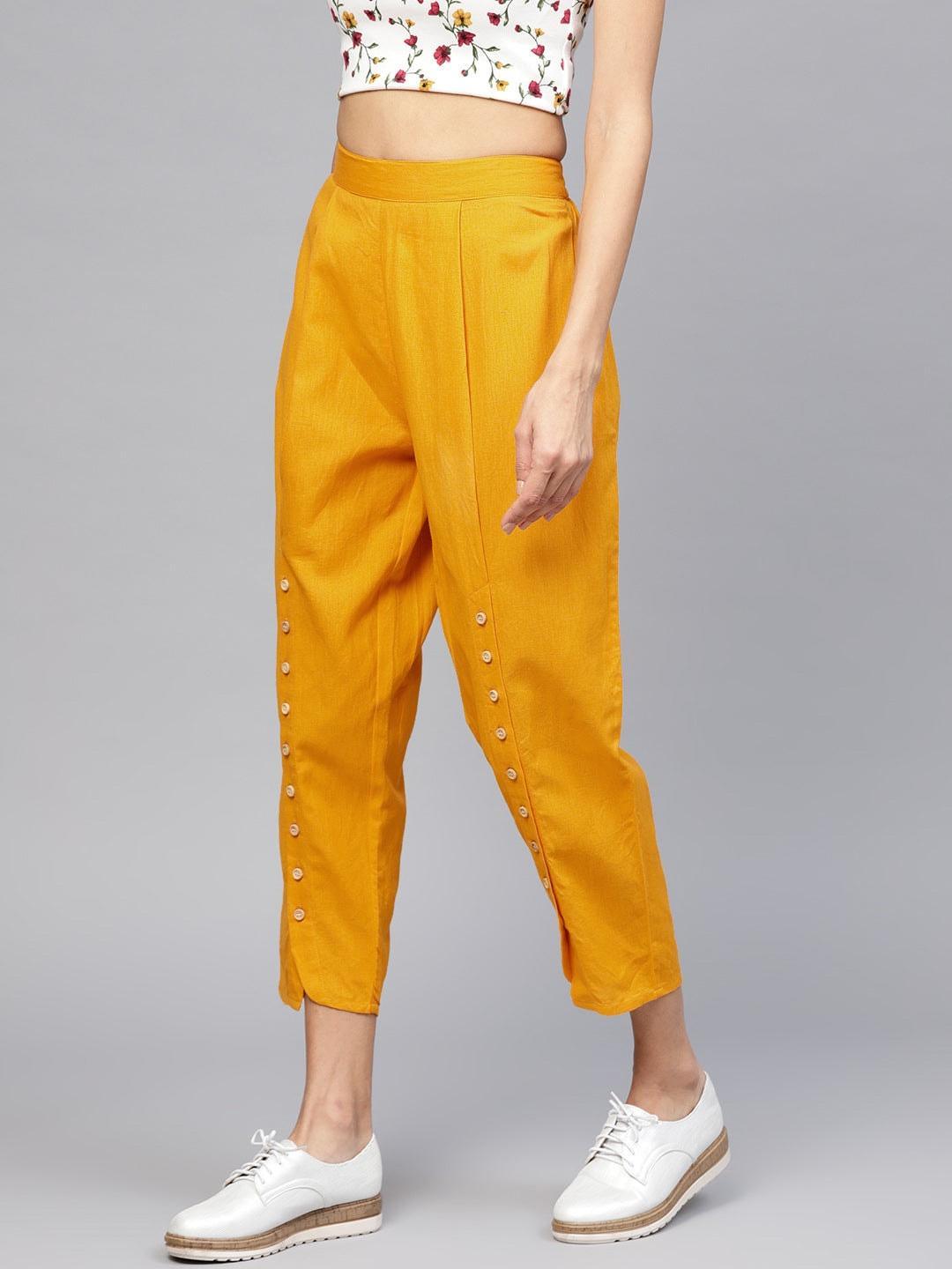 Yellow Solid Cotton Trousers - ShopLibas