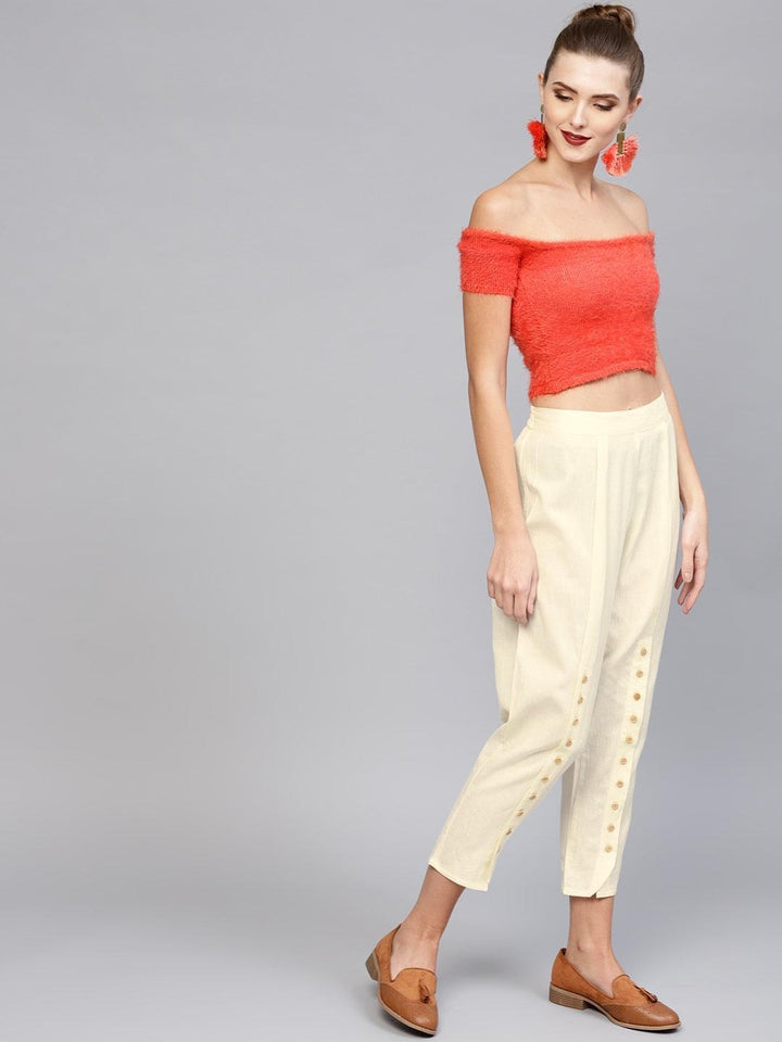 White Solid Cotton Trousers - ShopLibas