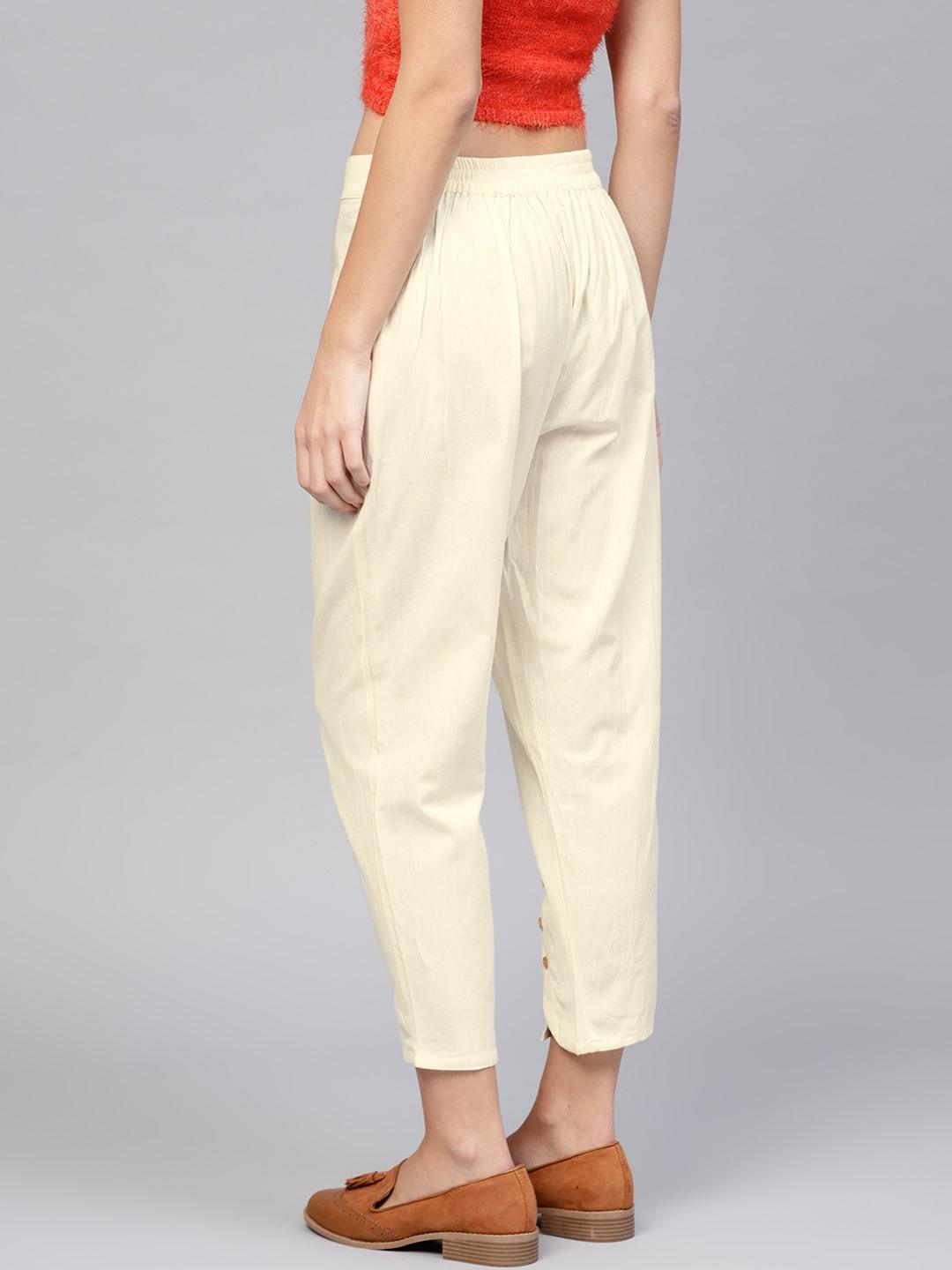 White Solid Cotton Trousers - ShopLibas