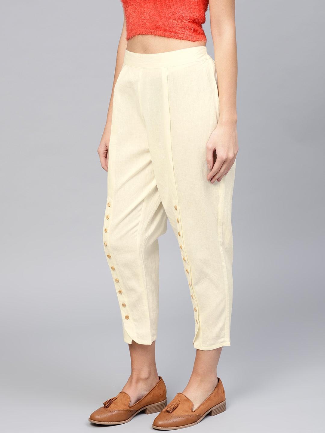 White Solid Cotton Trousers - ShopLibas