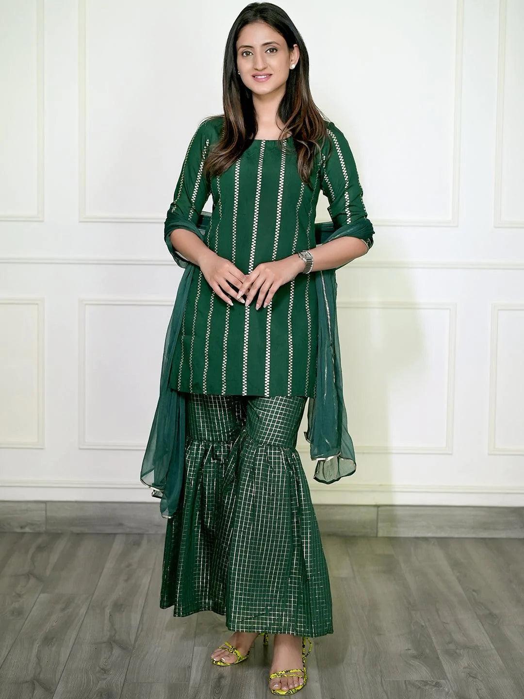 Green Striped Polyester Suit Set - ShopLibas