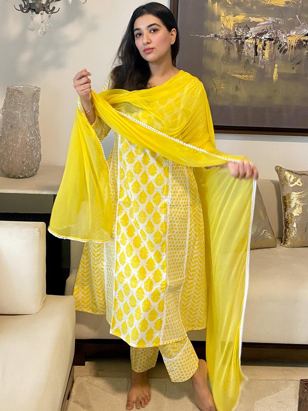 Yellow Printed Cotton Suit Set