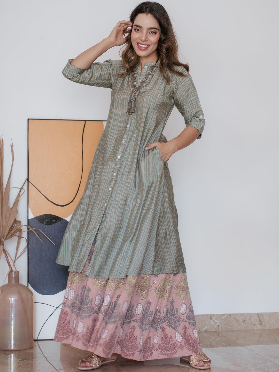 Green Striped Chanderi Silk Kurta