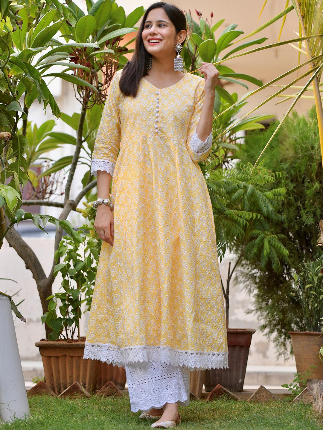 Yellow Embroidered Cotton Kurta