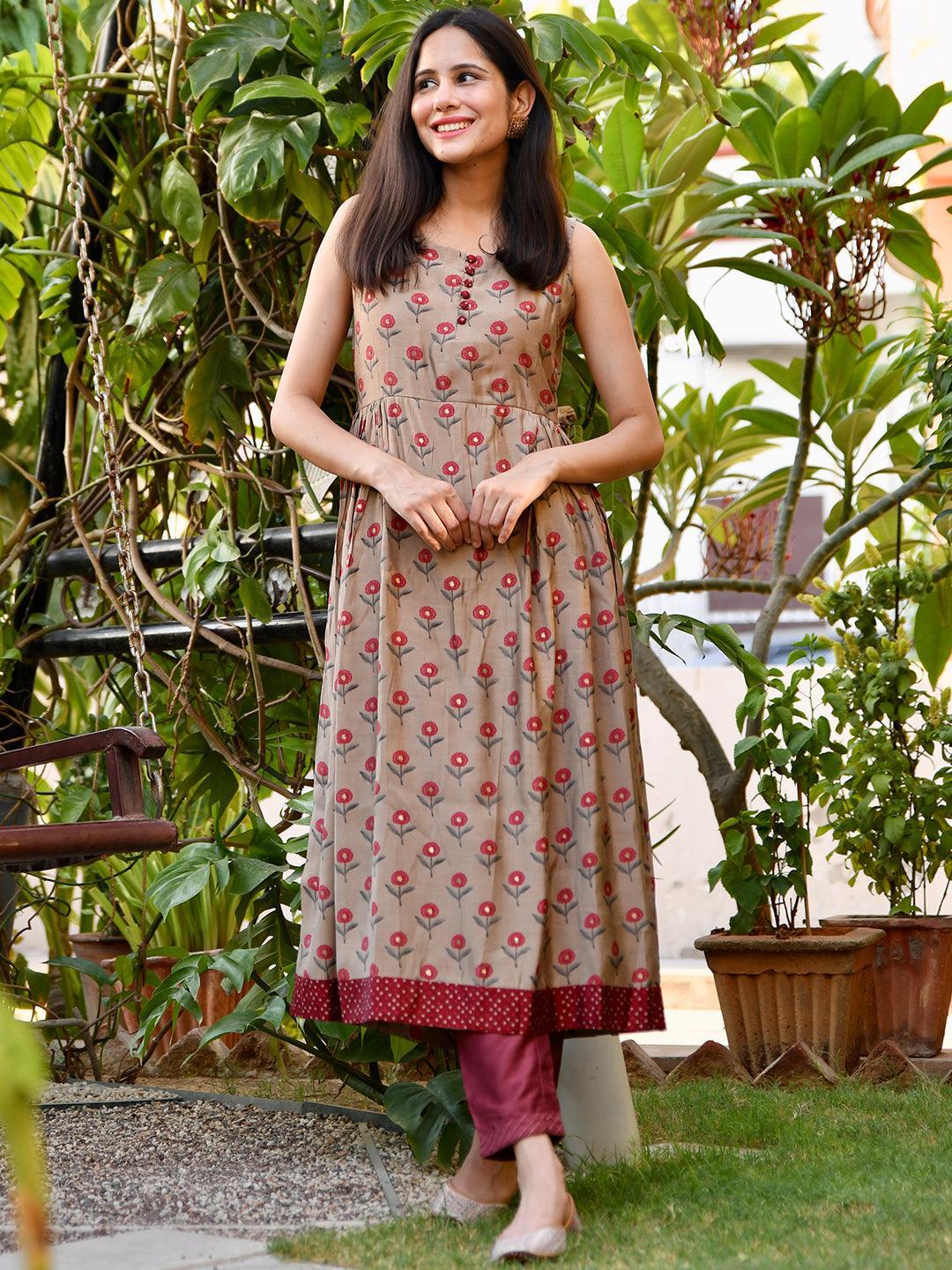 Beige Printed Chanderi Silk Kurta