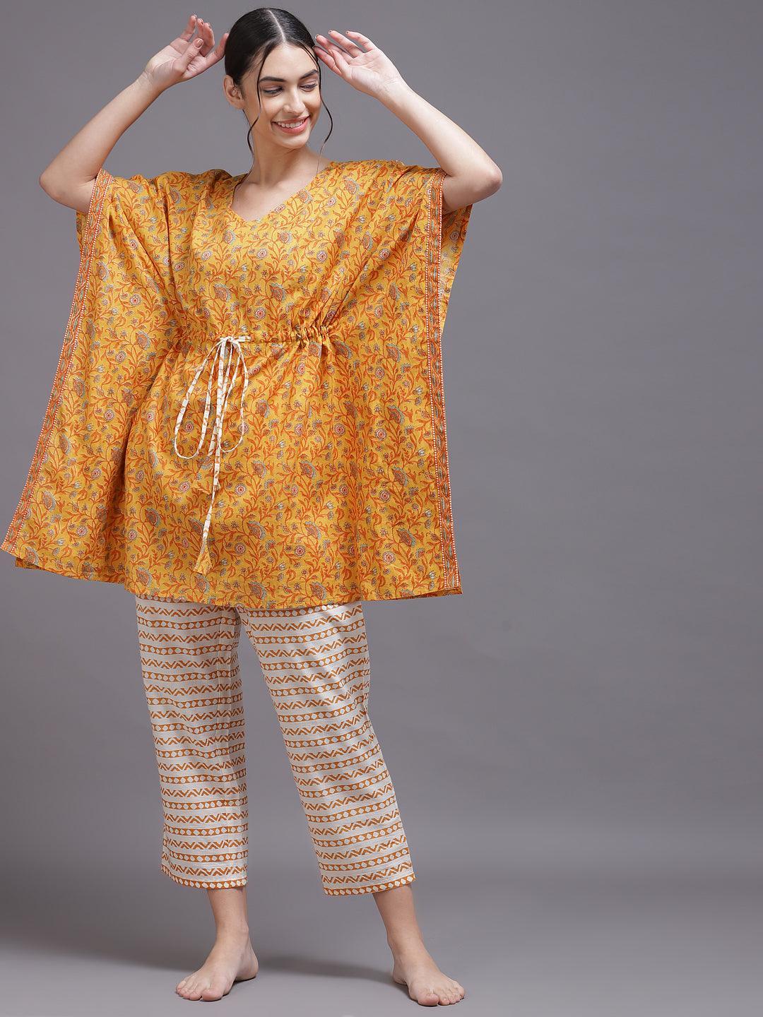 Yellow Printed Cotton Night Suit - ShopLibas