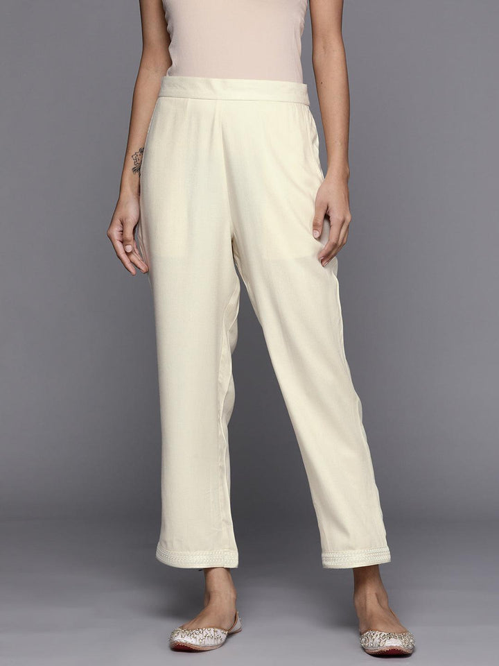 Cream Solid Pashmina Wool Trousers - ShopLibas