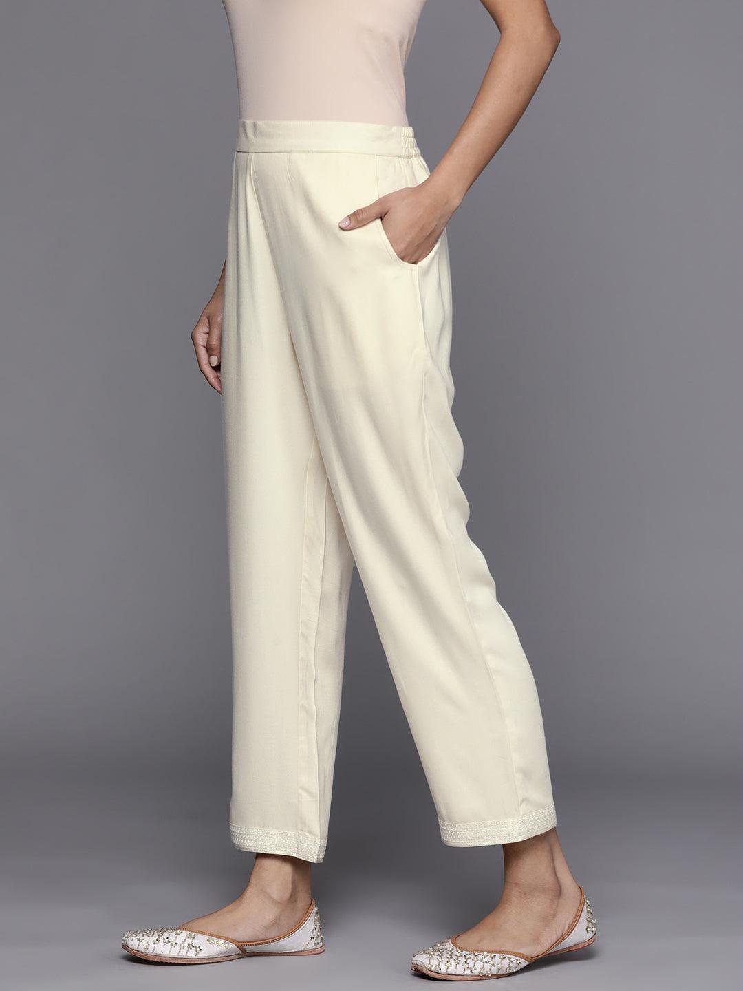 Cream Solid Pashmina Wool Trousers