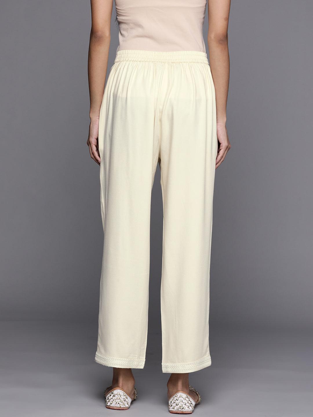 Cream Solid Pashmina Wool Trousers