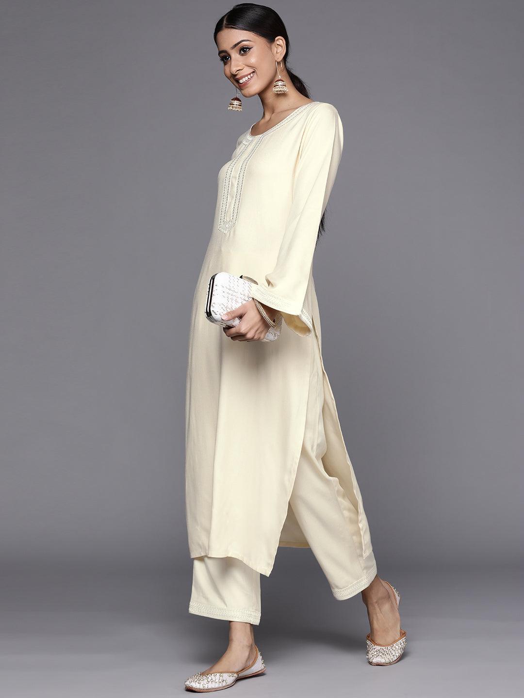 Cream Solid Pashmina Wool Trousers