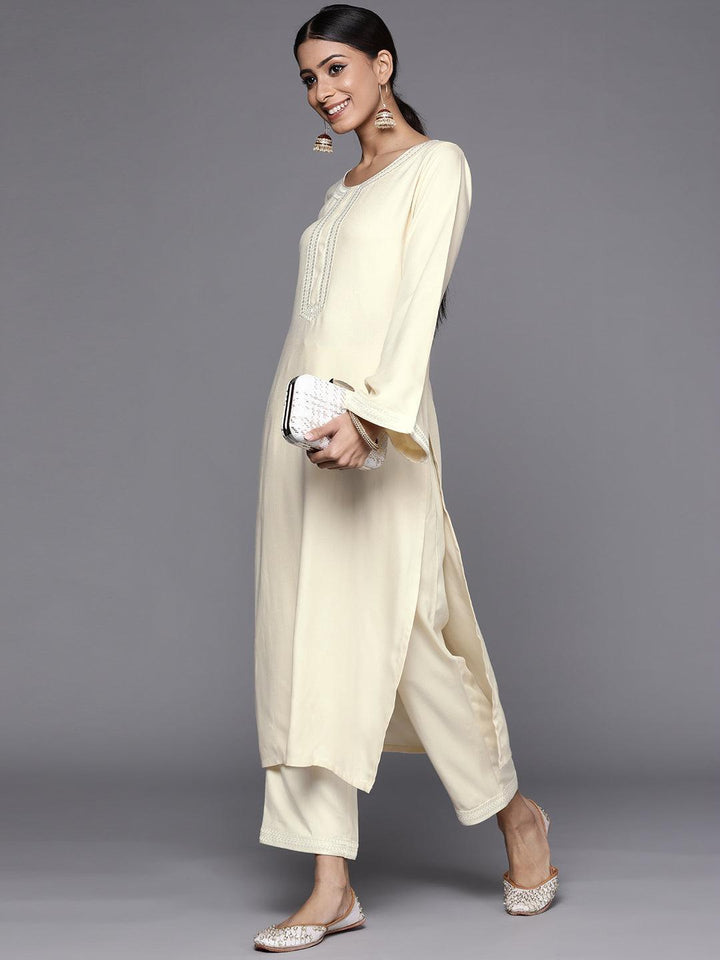 Cream Solid Pashmina Wool Trousers - ShopLibas