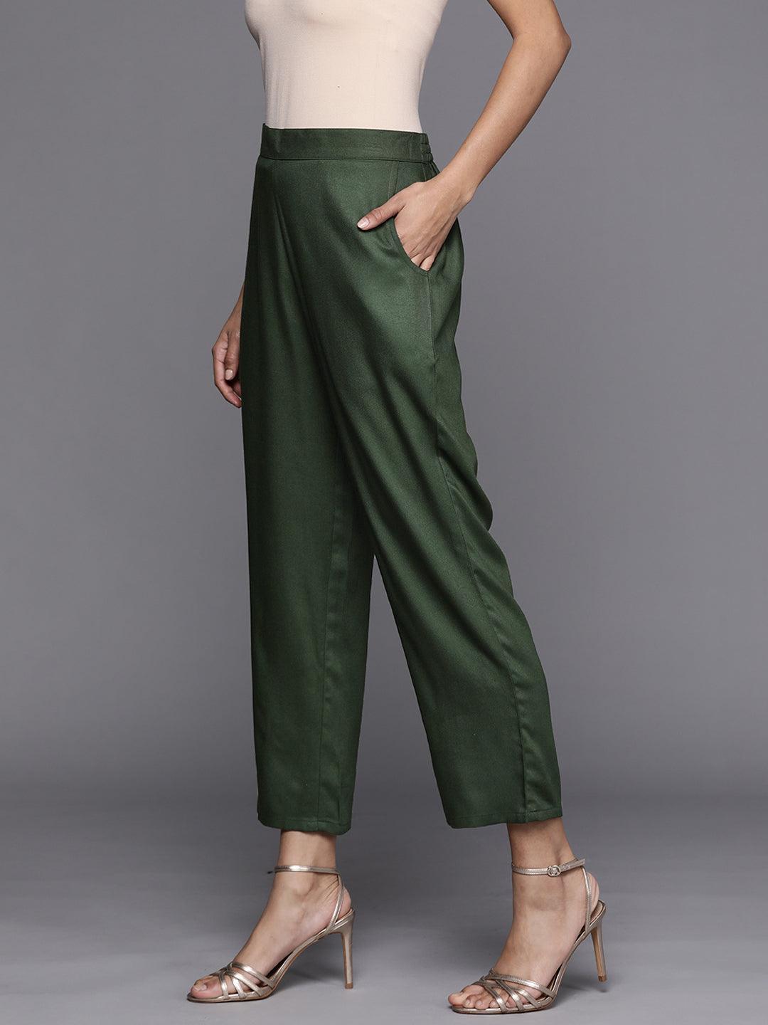 Green Solid Pashmina Wool Trousers - ShopLibas