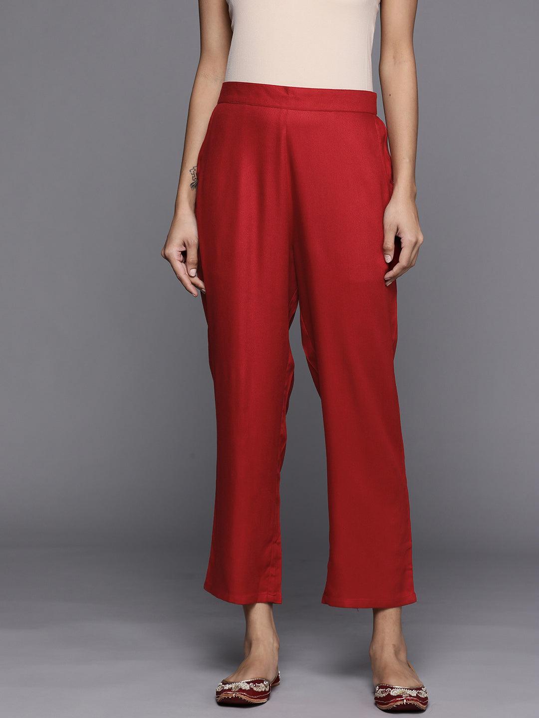 Red Solid Pashmina Wool Trousers - ShopLibas