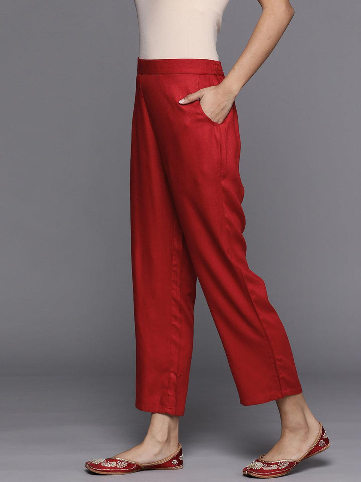 Red Solid Pashmina Wool Trousers - ShopLibas