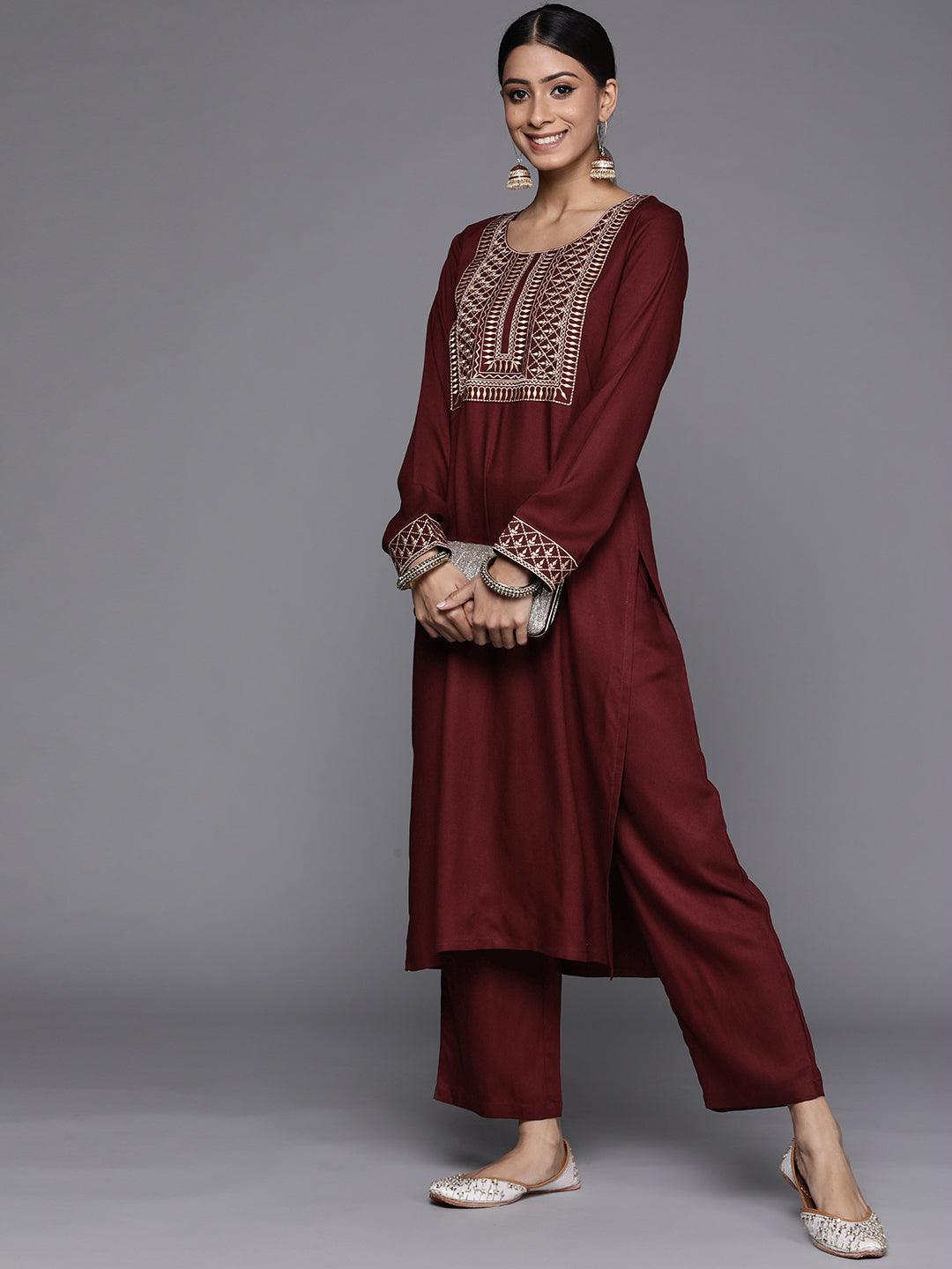 Maroon Solid Pashmina Wool Trousers - ShopLibas