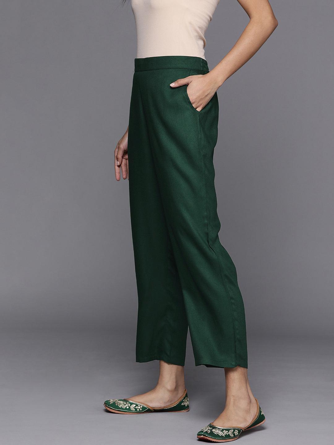 Green Solid Pashmina Wool Trousers - ShopLibas