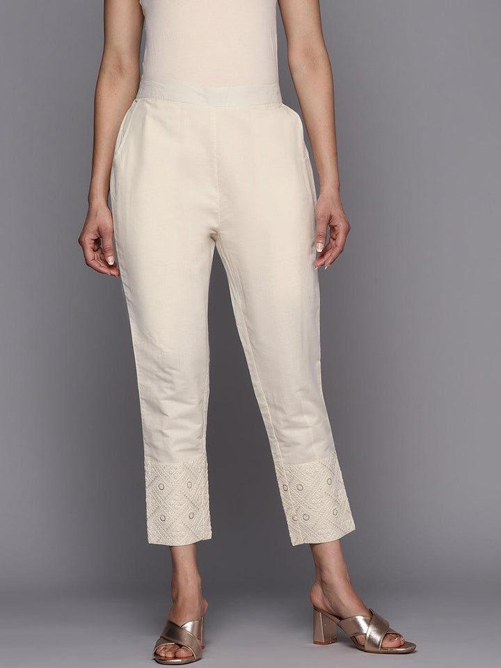 Off White Embroidered Cotton Trousers - ShopLibas