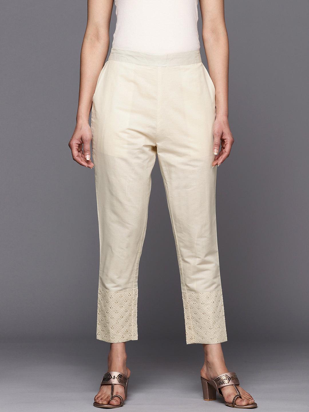 Off White Embroidered Cotton Trousers - ShopLibas