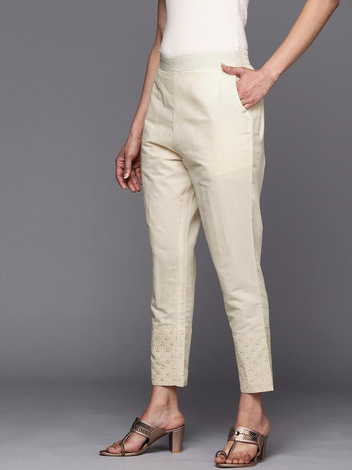 Off White Embroidered Cotton Trousers - ShopLibas