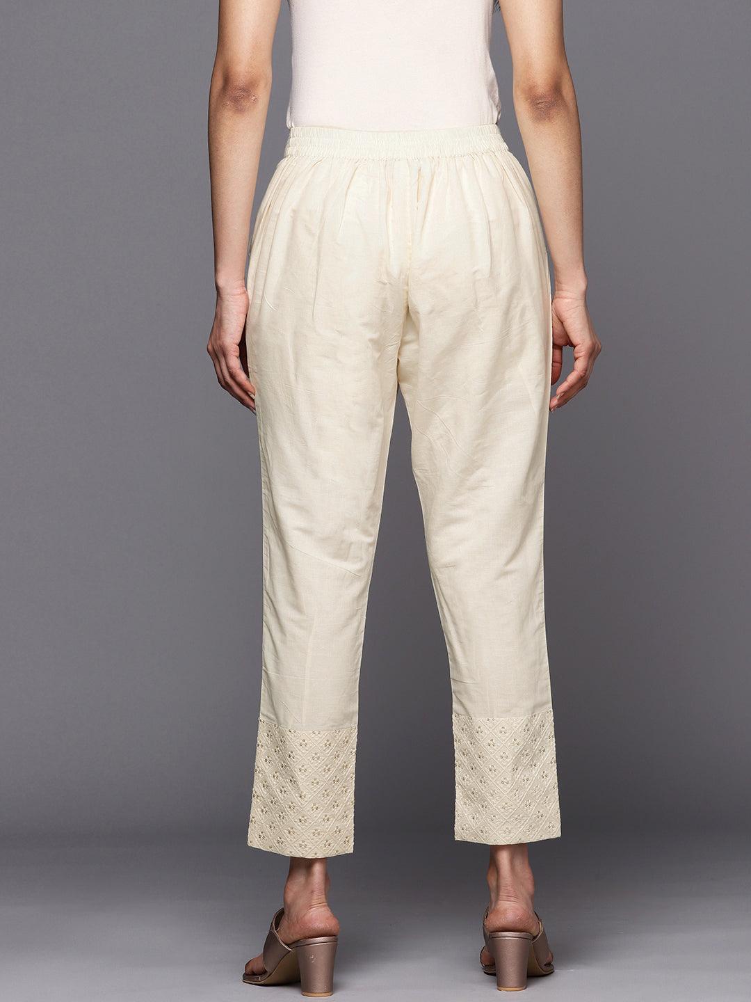 Off White Embroidered Cotton Trousers - ShopLibas