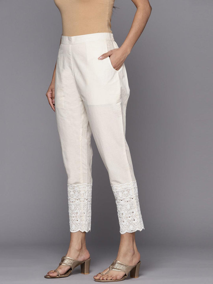 Off White Embroidered Cotton Trousers - ShopLibas