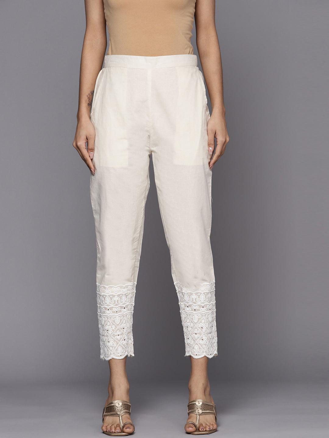 Off White Embroidered Cotton Trousers - ShopLibas