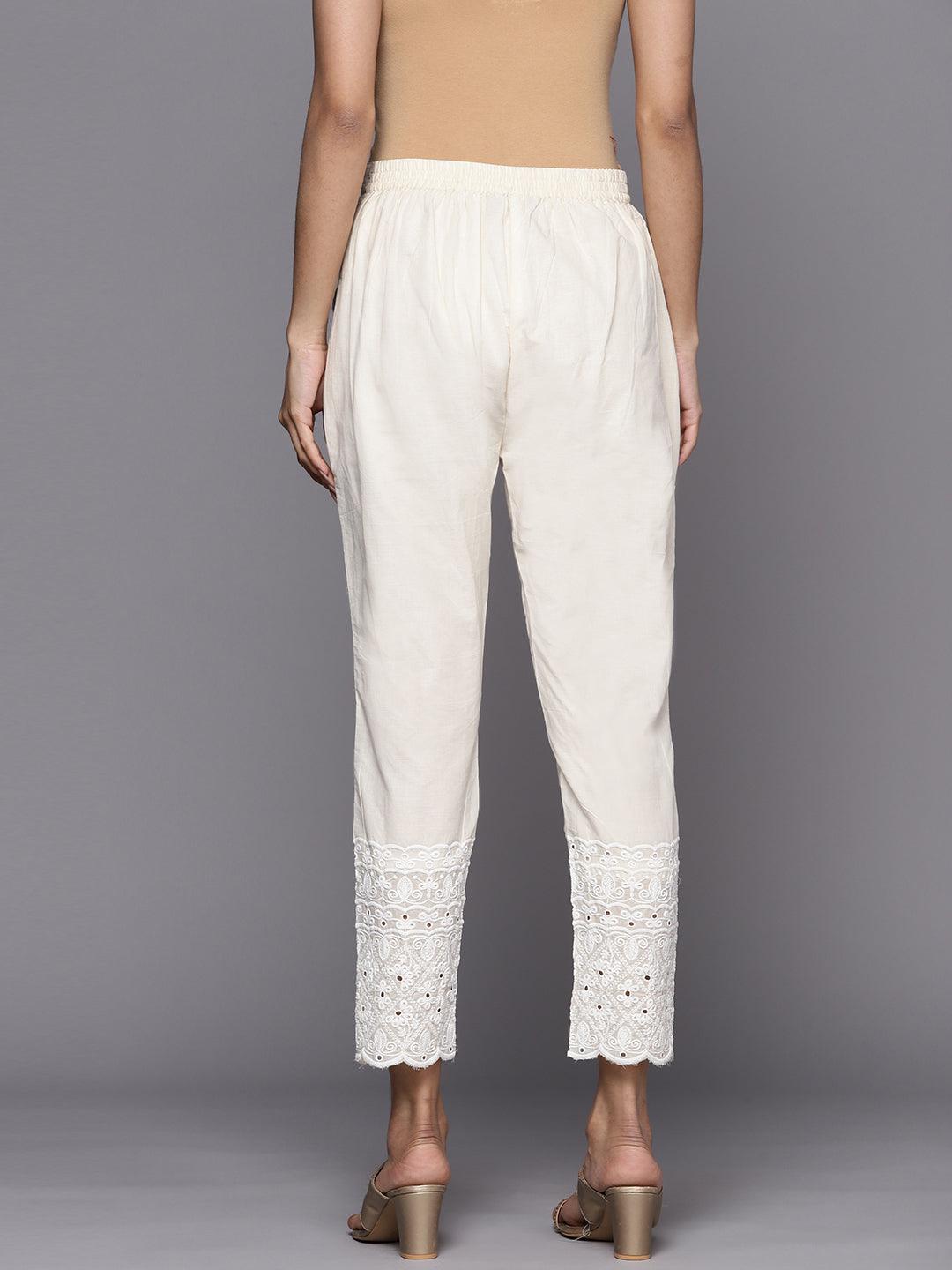 Off White Embroidered Cotton Trousers - ShopLibas