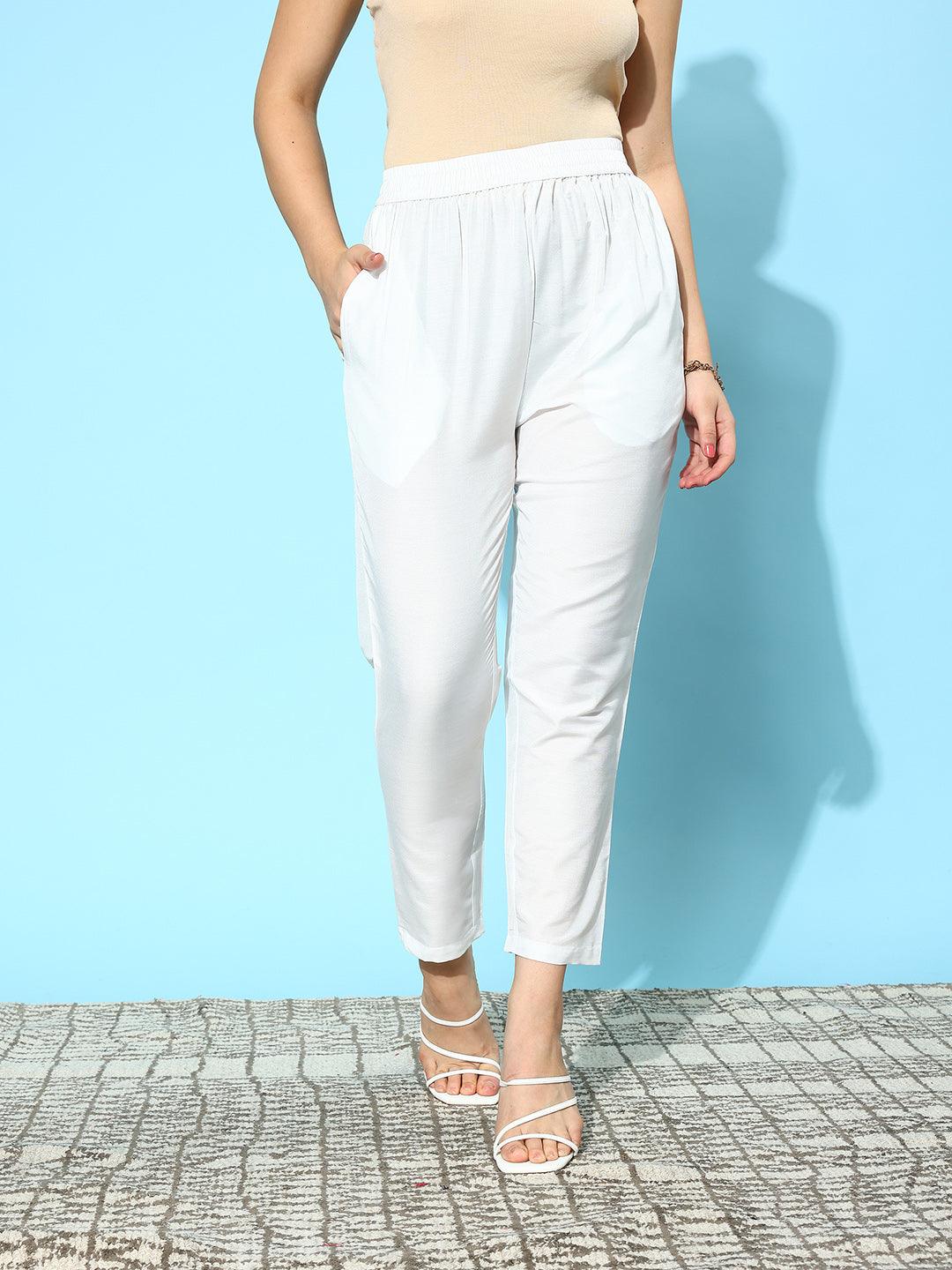 White Solid Silk Trousers - ShopLibas