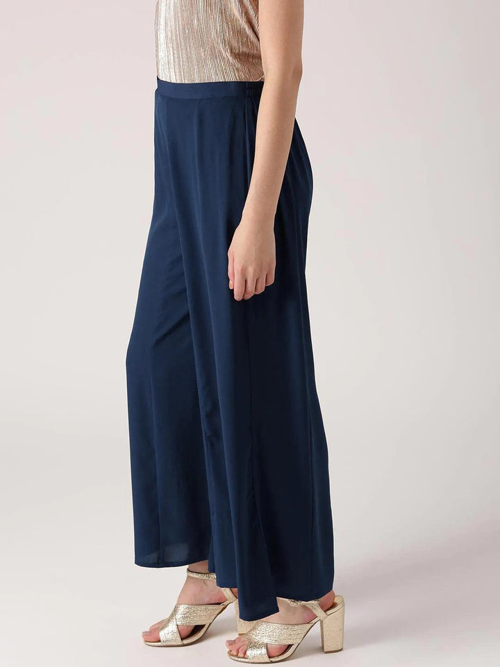 Blue Solid Crepe Palazzos - ShopLibas