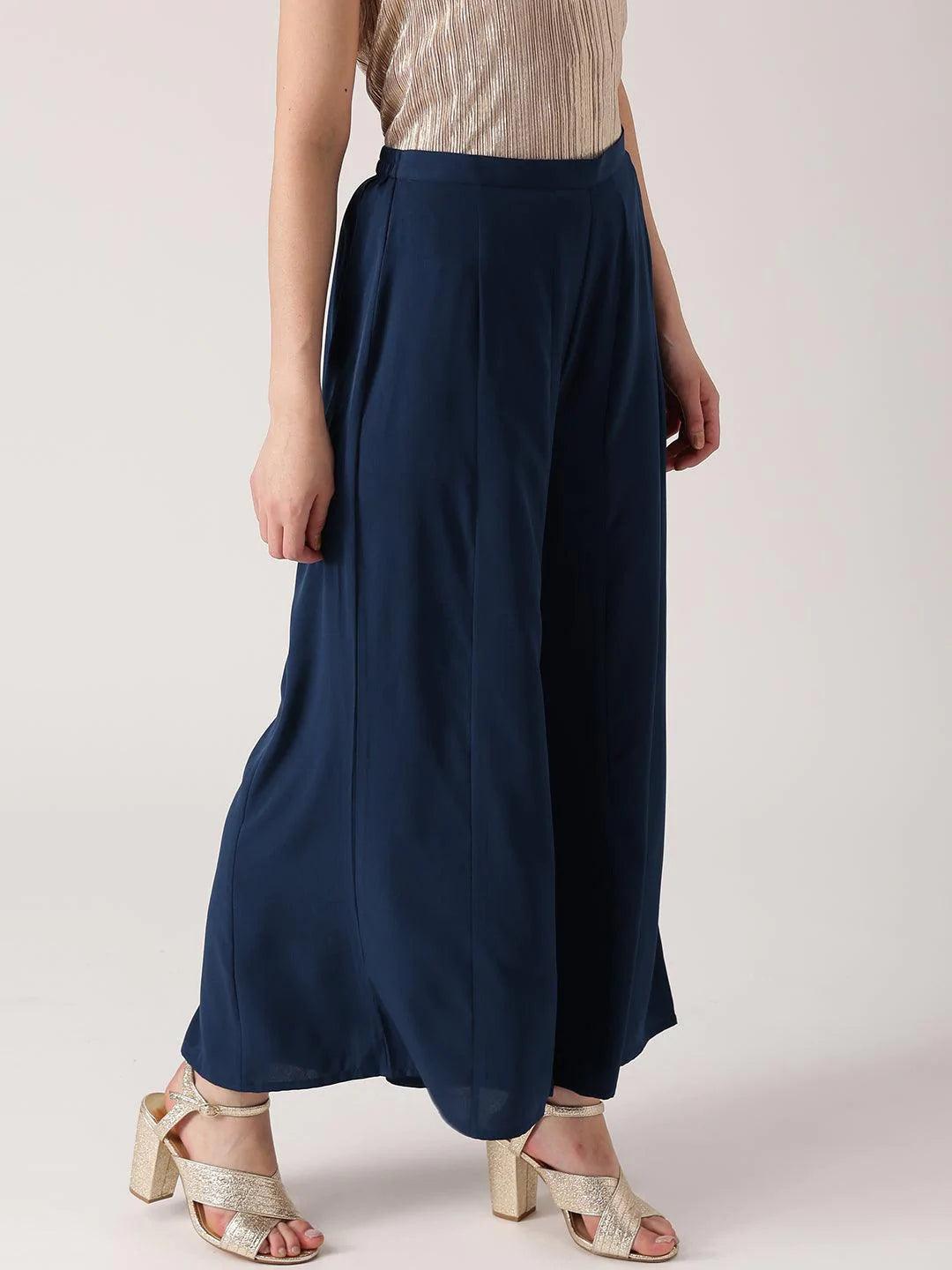 Blue Solid Crepe Palazzos - ShopLibas