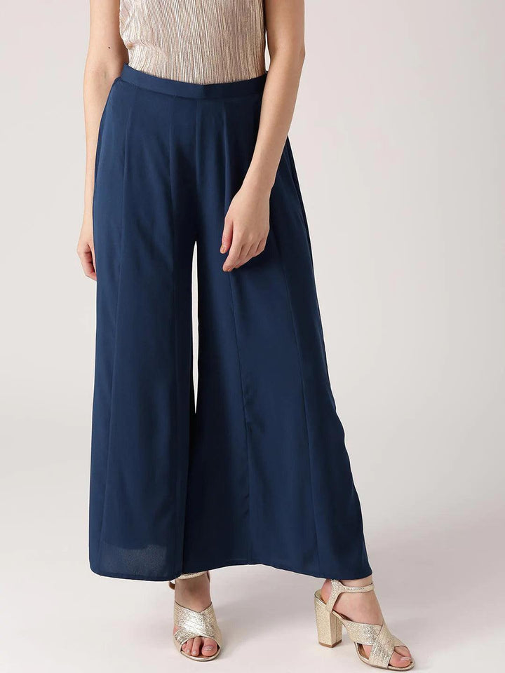 Blue Solid Crepe Palazzos - ShopLibas