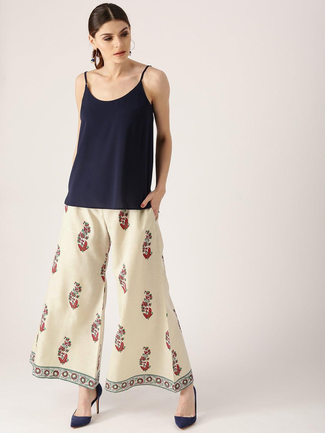 Off White Printed Cotton Palazzos - ShopLibas