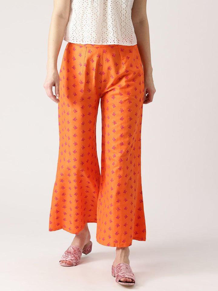 Orange Printed Cotton Palazzos - ShopLibas