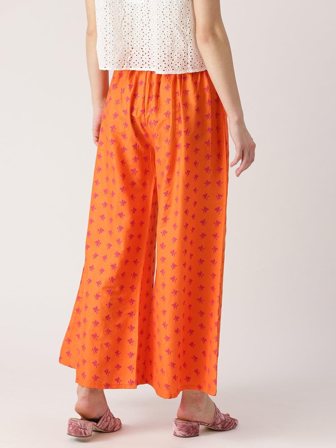 Orange Printed Cotton Palazzos - ShopLibas