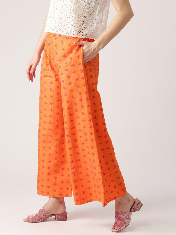 Orange Printed Cotton Palazzos - ShopLibas