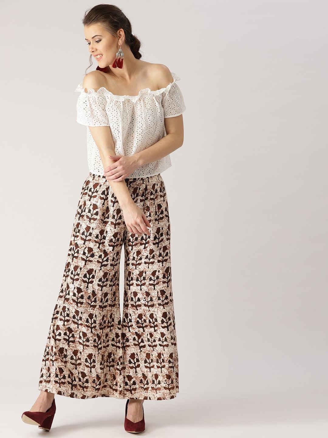 Brown Printed Cotton Palazzos - ShopLibas