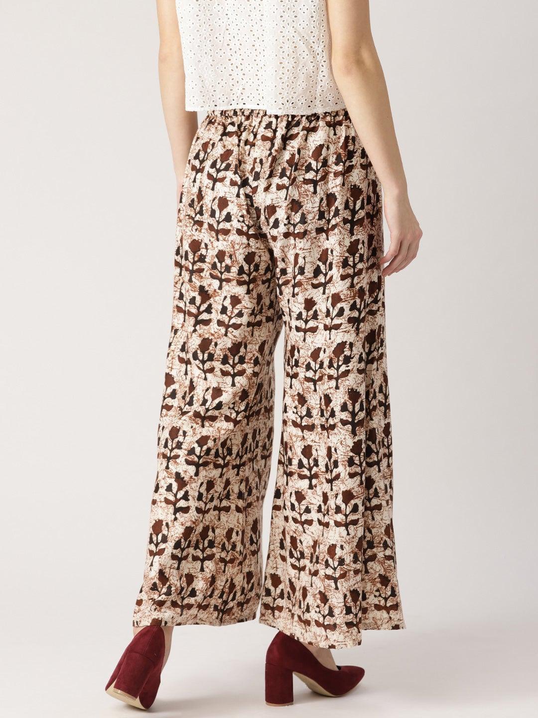 Brown Printed Cotton Palazzos - ShopLibas