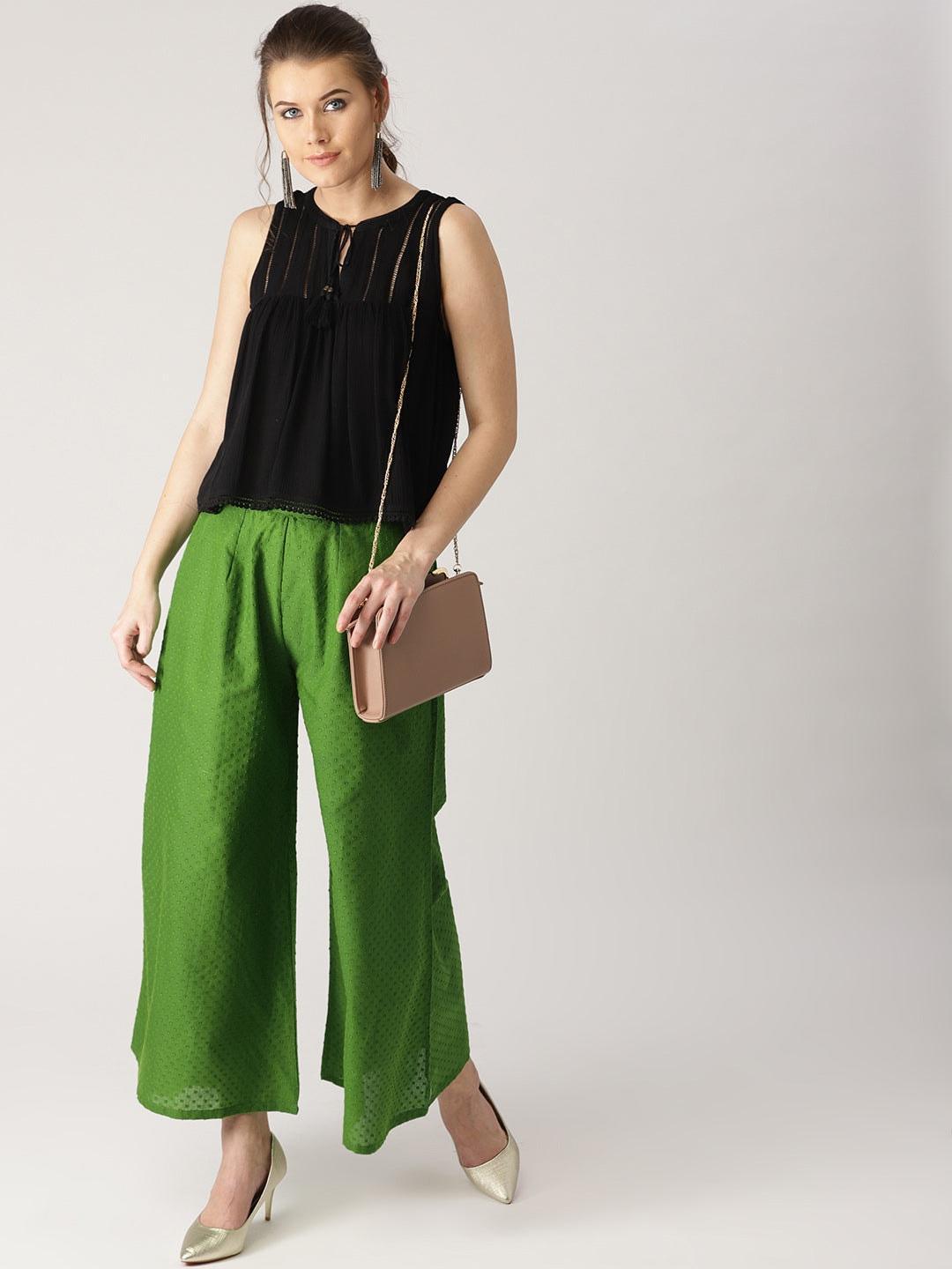 Green Solid Cotton Palazzos - ShopLibas