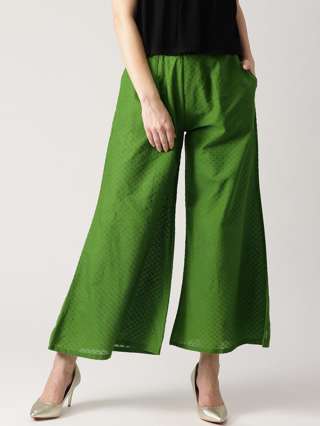 Green Solid Cotton Palazzos - ShopLibas