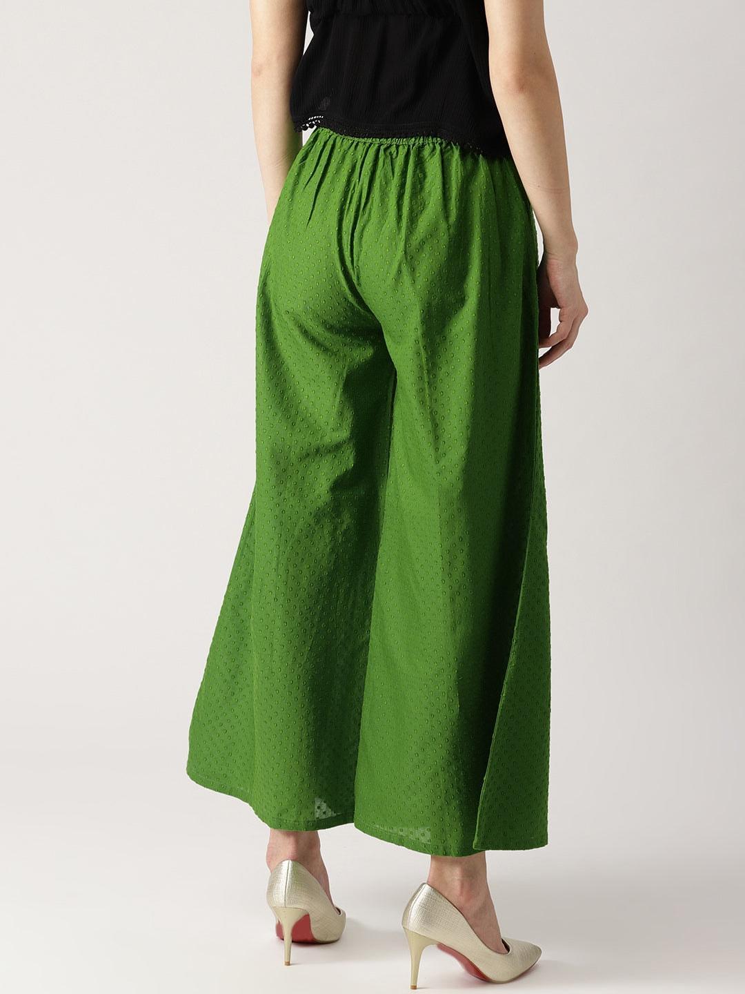 Green Solid Cotton Palazzos - ShopLibas